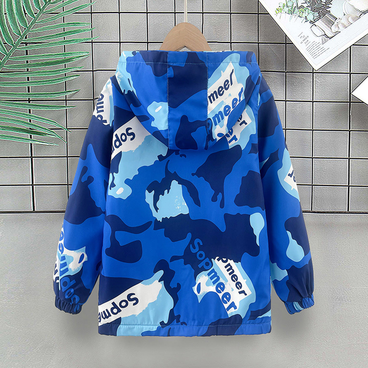 Boys Blue Abstract Printed Hooded Zipper Jacket Coats & Jackets