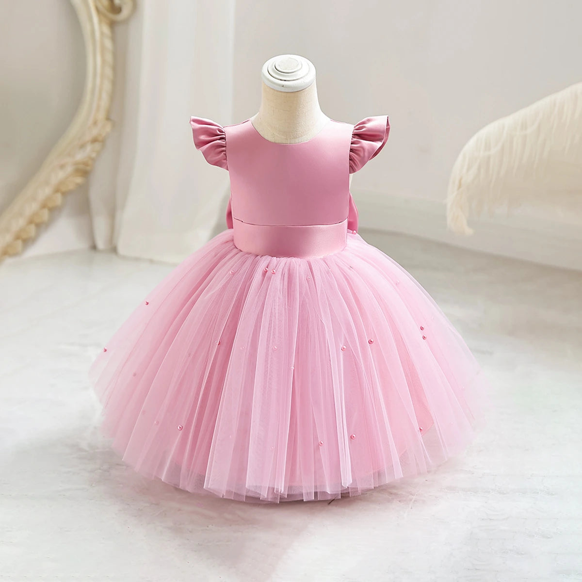 Girls Pink Pearl-Embellished Flutter Sleeve Fit & Flare Dress Casual Dresses Pink 2-3 Y