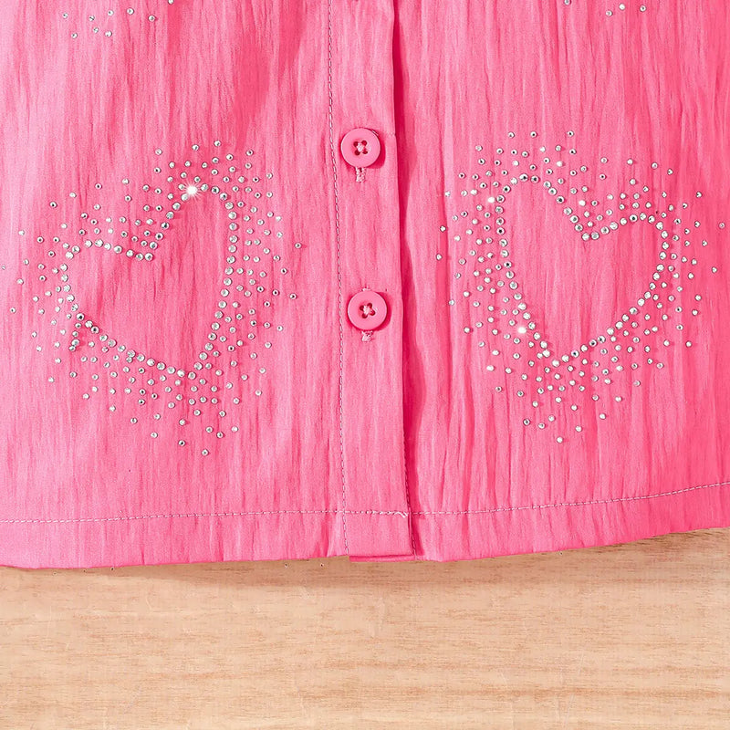Girls Pink Heart Siroski Print Top With Denim Shorts Sets 2 pc. Sets