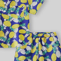 Boys Yellow Pineapple Print Button-Down Shirt With Shorts & Hat Co-ord Sets Sets