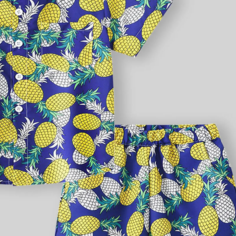 Boys Yellow Pineapple Print Button-Down Shirt With Shorts & Hat Co-ord Sets Sets