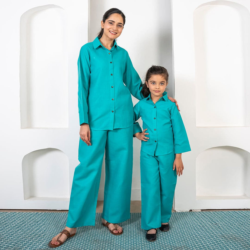 Teal Shirt with Trousers Mom & Daughter Co-Ord Set