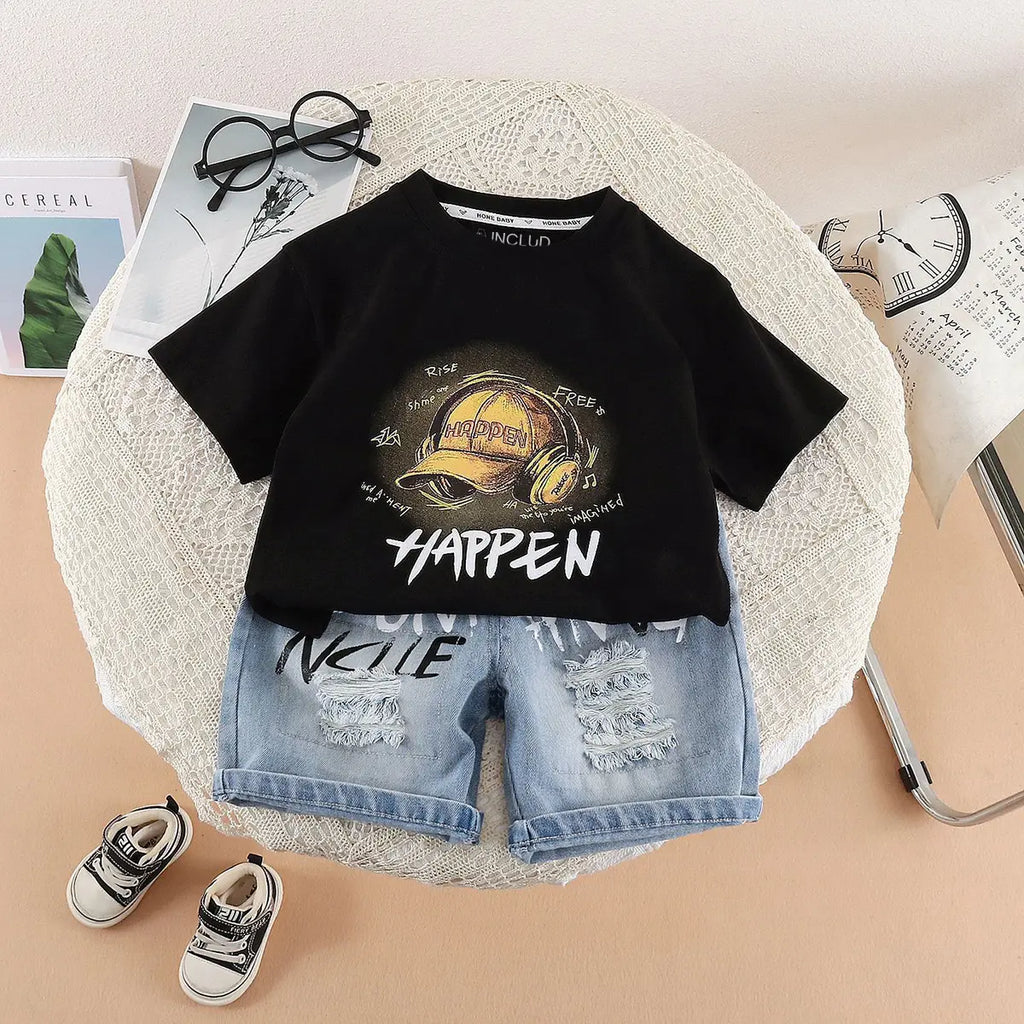 Boys Black Cap Graphic Short Sleeve T-Shirt With Distressed Denim Shorts Sets 2 pc. Sets Black 1-2 Y