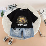 Boys Black Cap Graphic Short Sleeve T-Shirt With Distressed Denim Shorts Sets