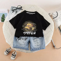 Boys Black Cap Graphic Short Sleeve T-Shirt With Distressed Denim Shorts Sets 2 pc. Sets Black 1-2 Y
