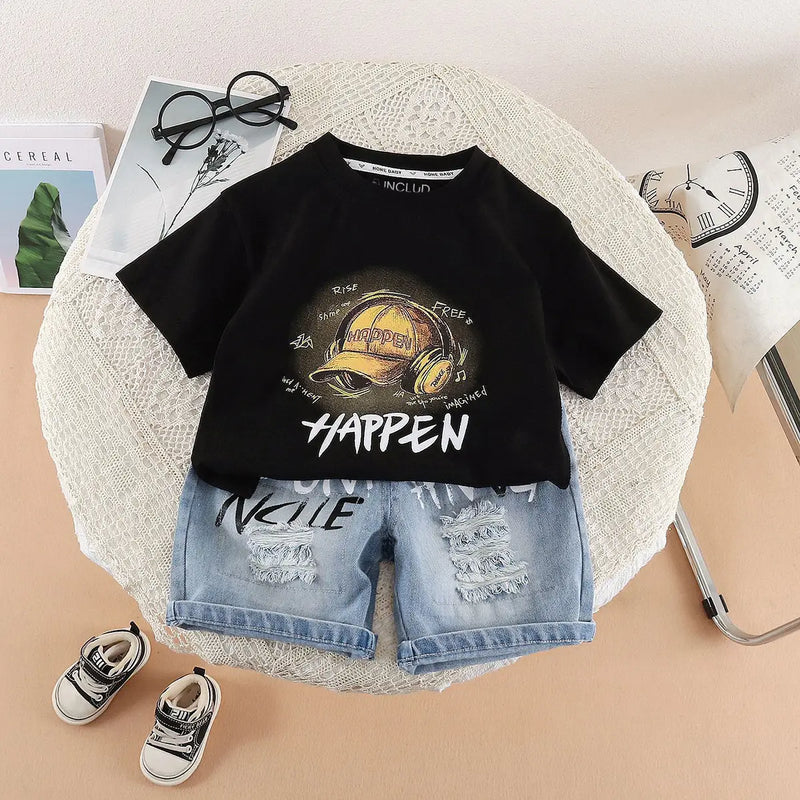 Boys Black Cap Graphic Short Sleeve T-Shirt With Distressed Denim Shorts Sets 2 pc. Sets Black 1-2 Y