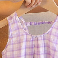 Girls Purple Checked Sleeveless A-line Top With Cropped Pant Sets Sets