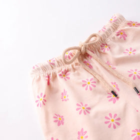 Girls Dark Pink Flower Graphic Short Sleeves Top With Printed Shorts Sets Sets