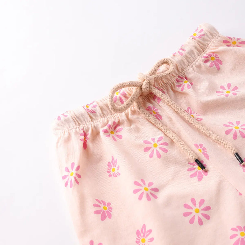 Girls Dark Pink Flower Graphic Short Sleeves Top With Printed Shorts Sets Sets