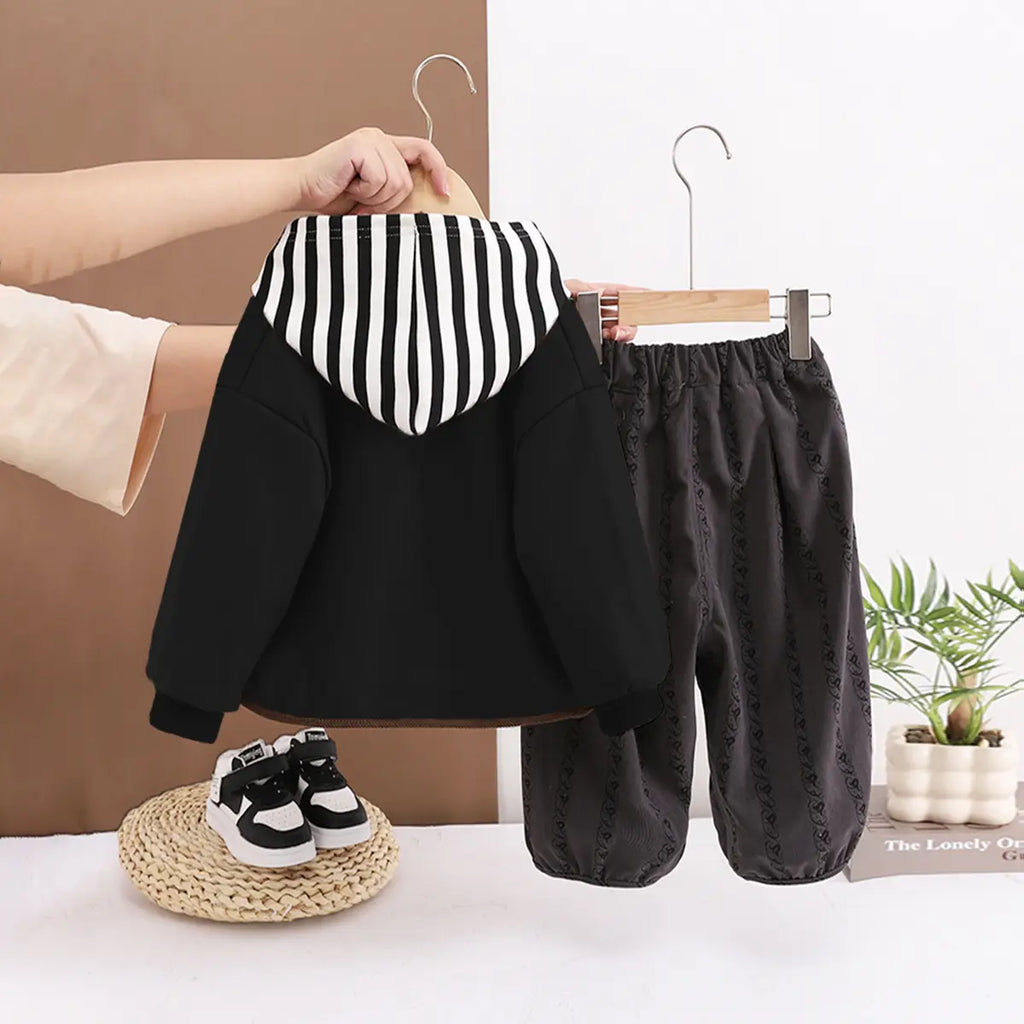 Boys Black Solid Faux Lather Jacket With Hooded Sweatshirt & Pants Set Sets