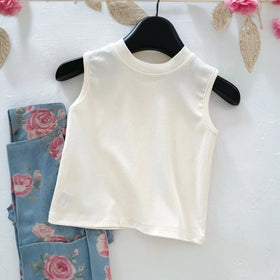 Girls Off White Sleeveless Top With Floral Print Dungaree Sets 2 pc. Sets