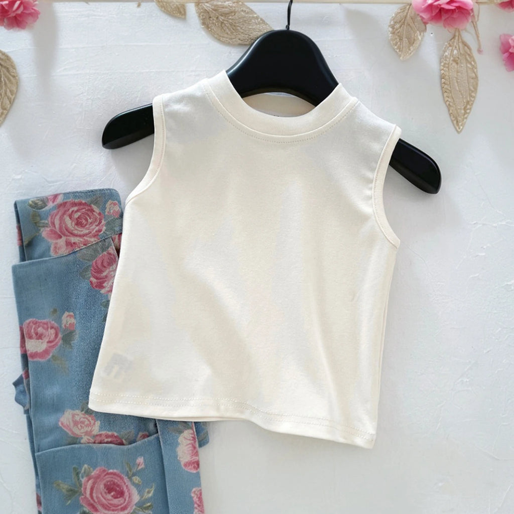 Girls Off White Sleeveless Top With Floral Print Dungaree Sets 2 pc. Sets