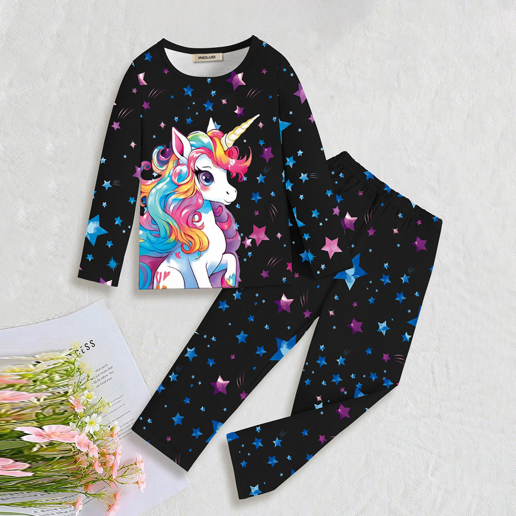 Girls Black Unicorn Printed Glow in the Dark T-Shirt & Pajama Winter Set 2 pc. Sets