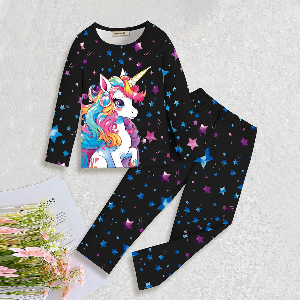 Girls Black Unicorn Printed Glow in the Dark T-Shirt & Pajama Winter Set 2 pc. Sets