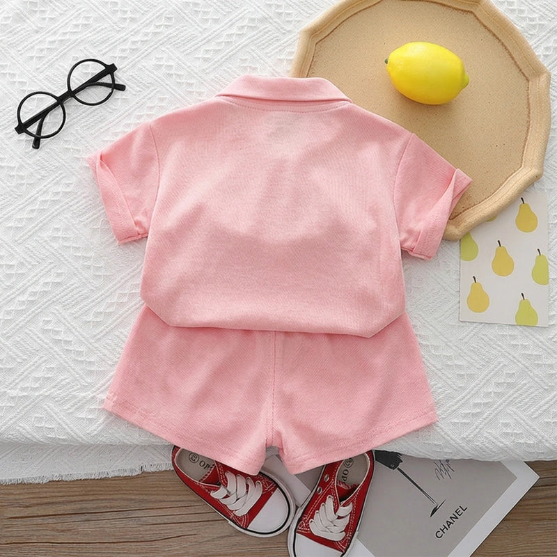 Girls Pink Floral Applique Short Sleeve Polo T-Shirt With Shorts Sets 2 pc. Sets