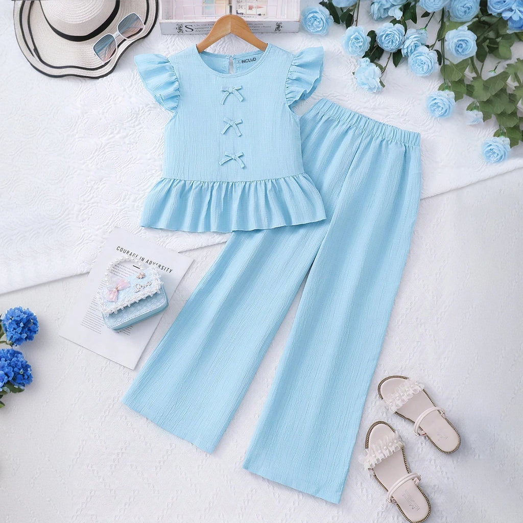 Girls Sky Blue Bow Applique Peplum Top & Pants Co-ord Sets Sets Sky Blue 7-8 Y