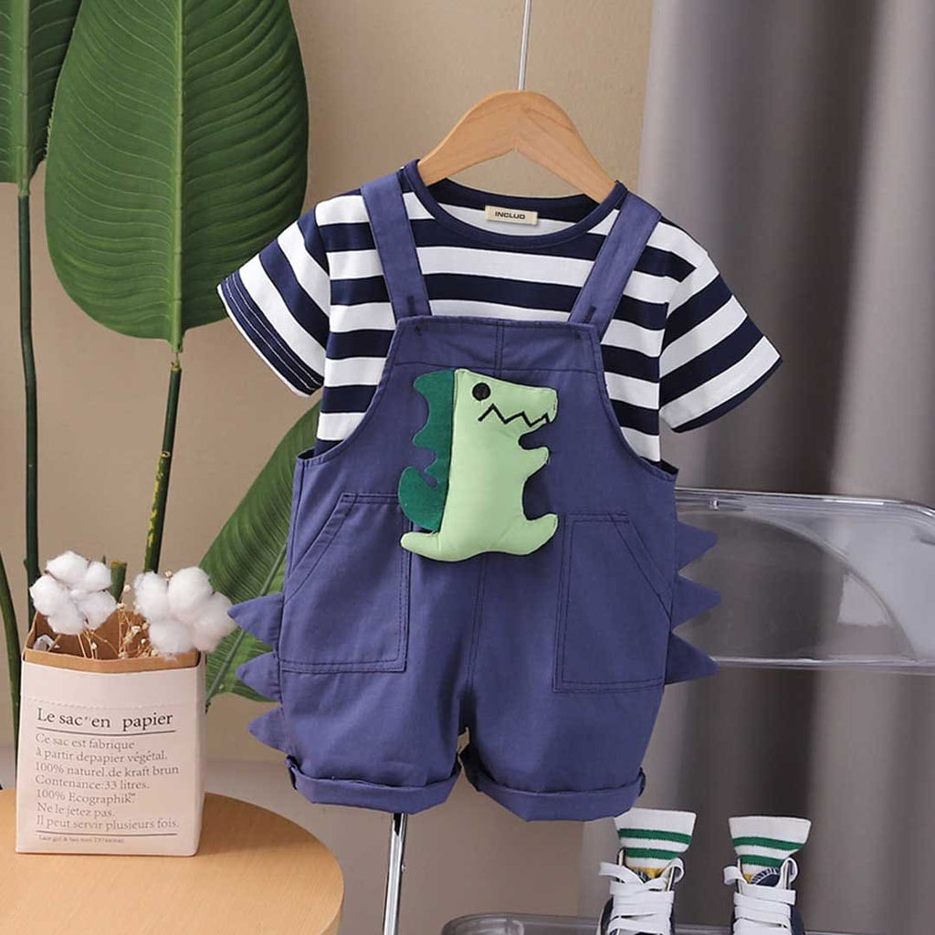 Boys Short Sleeve Striped T-Shirt With Toy Applique Dungaree Set