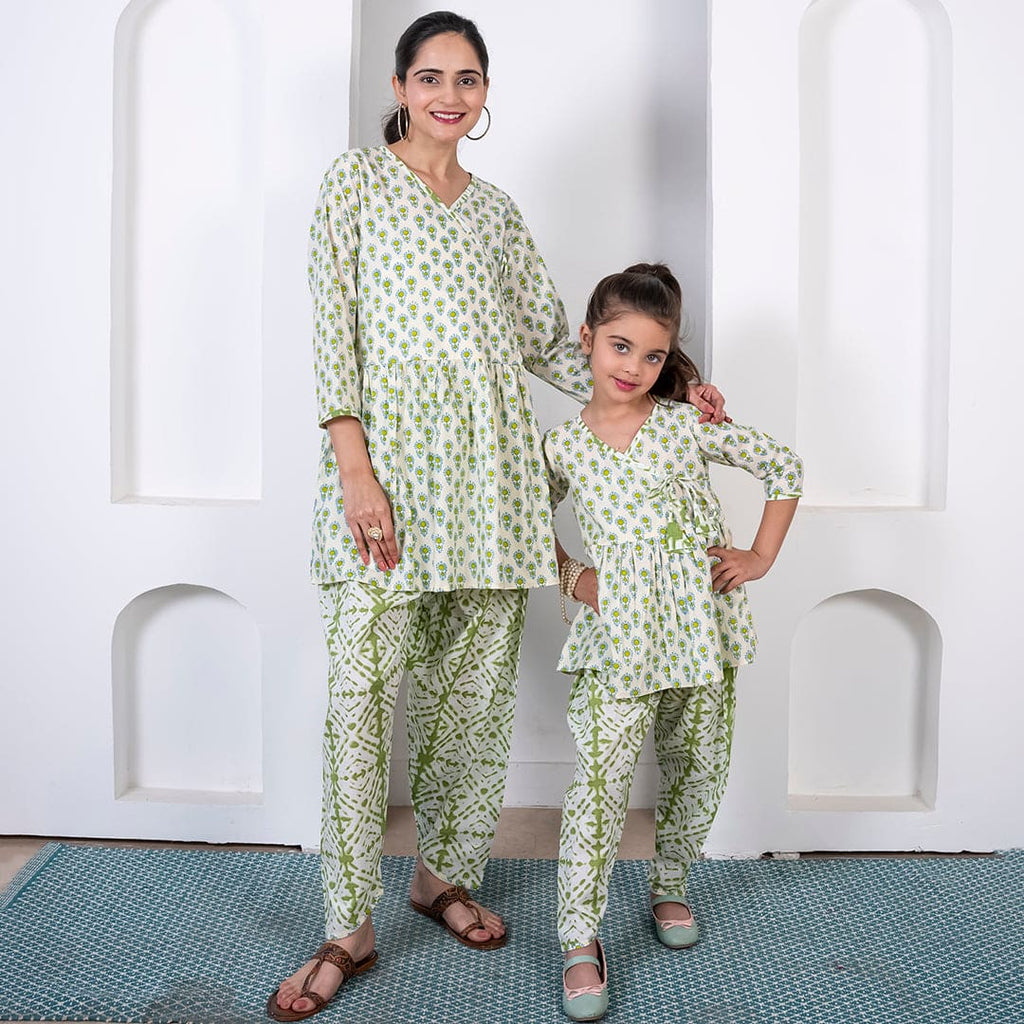Green Printed Mom & Daughter Kurti with Dhoti Pants Set