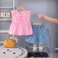 Girls Pink Self Design Top With Pleated Denim Shorts Set Sets Pink 1-2 Y
