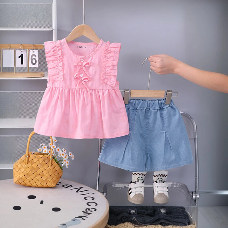 Girls Pink Self Design Top With Pleated Denim Shorts Set Sets Pink 1-2 Y
