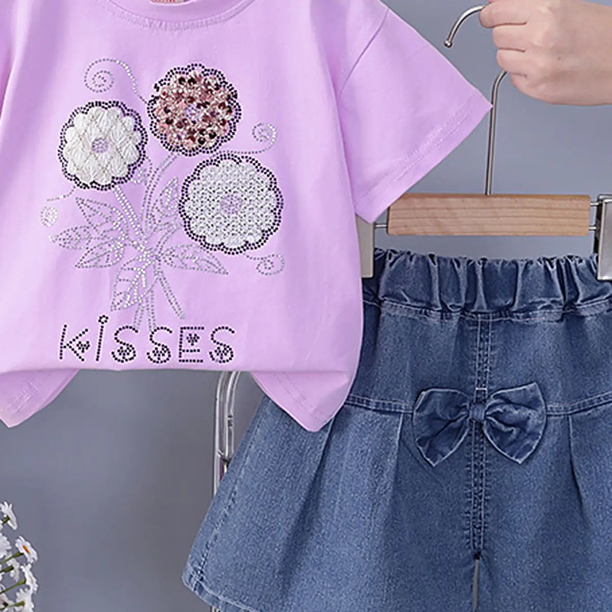 Girls Purple Flower Embellished T-Shirt With Denim Shorts Sets Sets