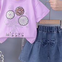 Girls Purple Flower Embellished T-Shirt With Denim Shorts Sets Sets