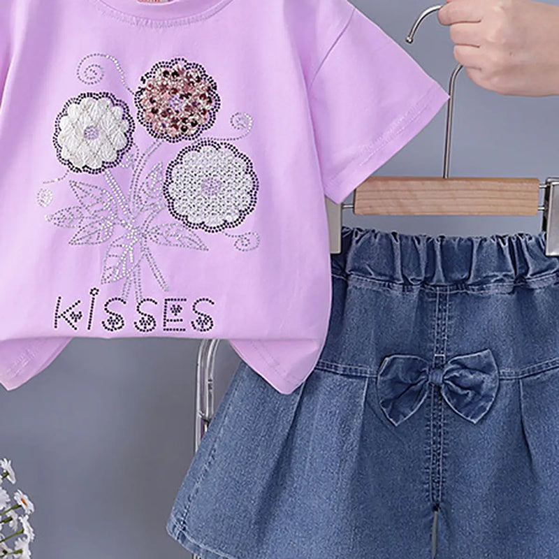 Girls Purple Flower Embellished T-Shirt With Denim Shorts Sets Sets