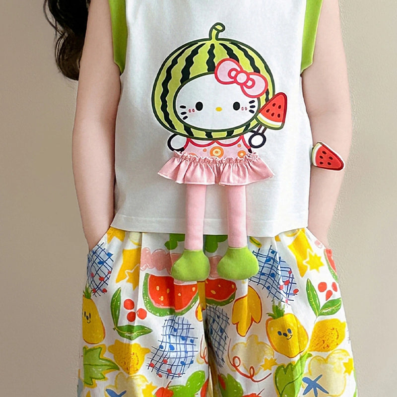 Girls White Hello Kitty Watermelon Print Top With Balloon Pants Sets Sets
