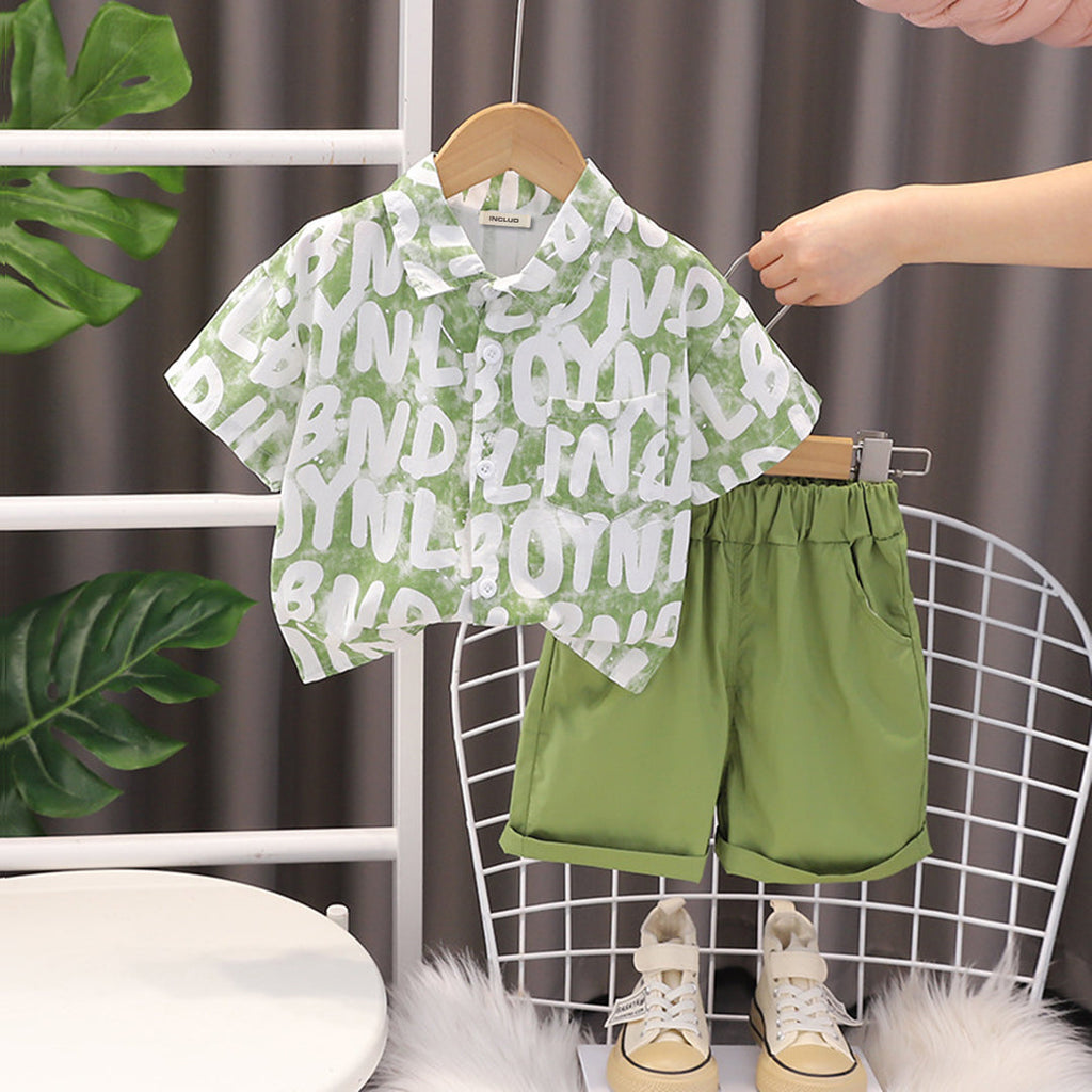 Boys Green Printed Shirt with Shorts Set Sets Green 1-2 Y 