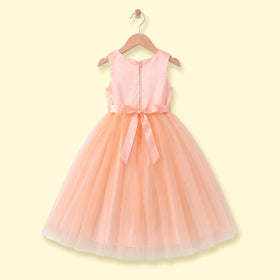 Girls peach sleeveless party gown with floral waist and tulle