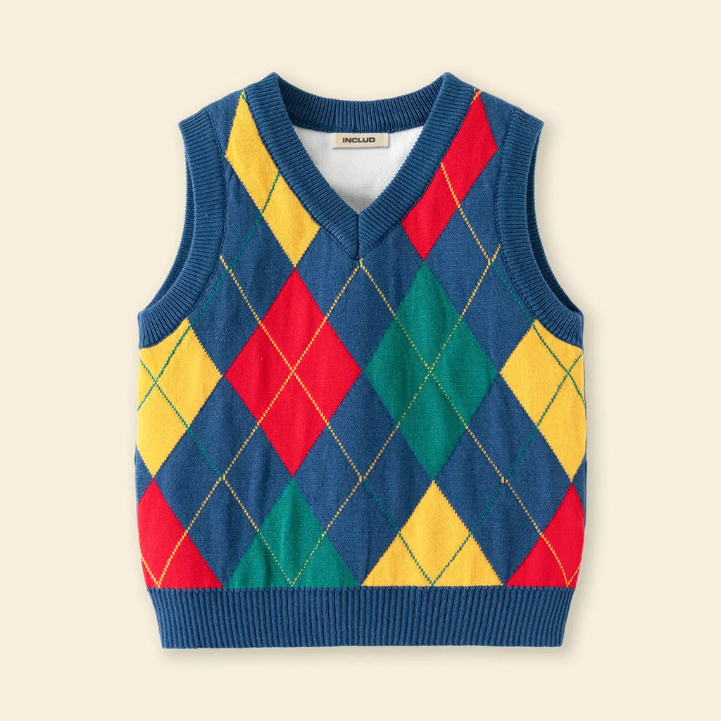 Boys Multicolour Self-Design Argyle Pattern Sweater Vest Sweaters & Cardigans