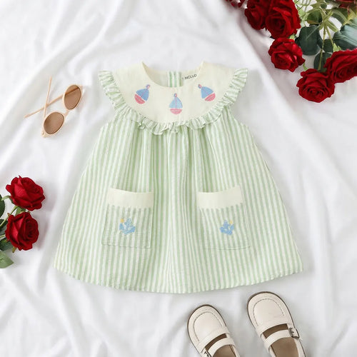 Girls Light Green Stripes Sleeveless A-line Dress With Seaboat Embroidery Casual Dresses Green 1-2 Y