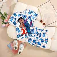 Girls Blue Cartoon Characters Printed T-Shirt With Elasticated Shorts Sets 2 pc. Sets Blue 3-4 Y