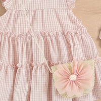 Girls Light Pink Checkered Tiered Flutter Sleeve Dress Casual Dresses