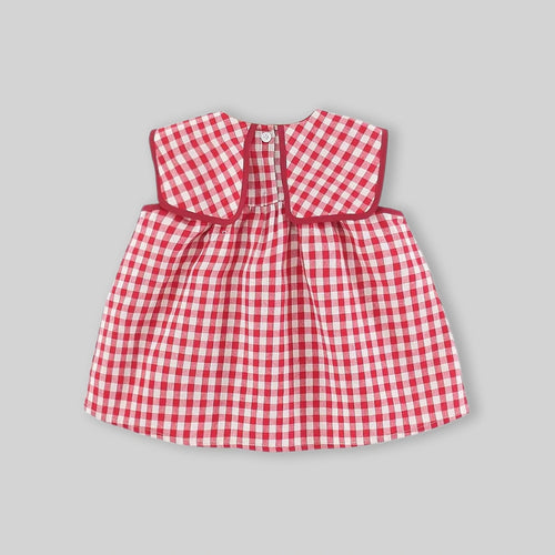 Girls Red Checked Mushroom Embroidered Sleeveless A-Line Dress Casual Dresses