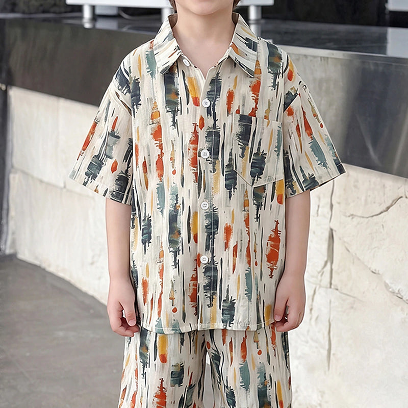 Boys Multicolour Abstract Print Shirt With Elasticated Shorts Sets 2 pc. Sets