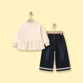 Girls Beige Graphic Peplum Top With Pants Sets Sets