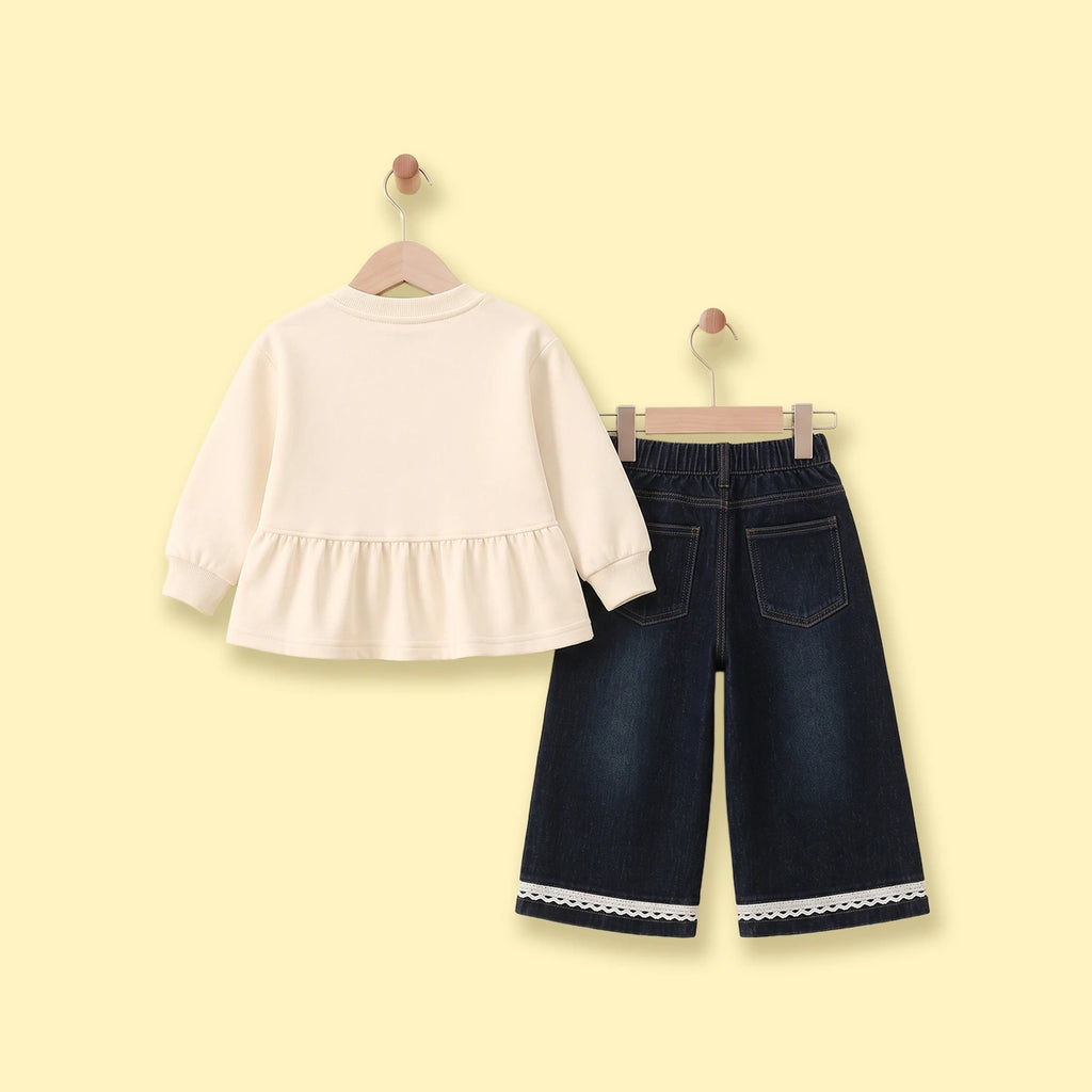 Girls Beige Graphic Peplum Top With Pants Sets Sets