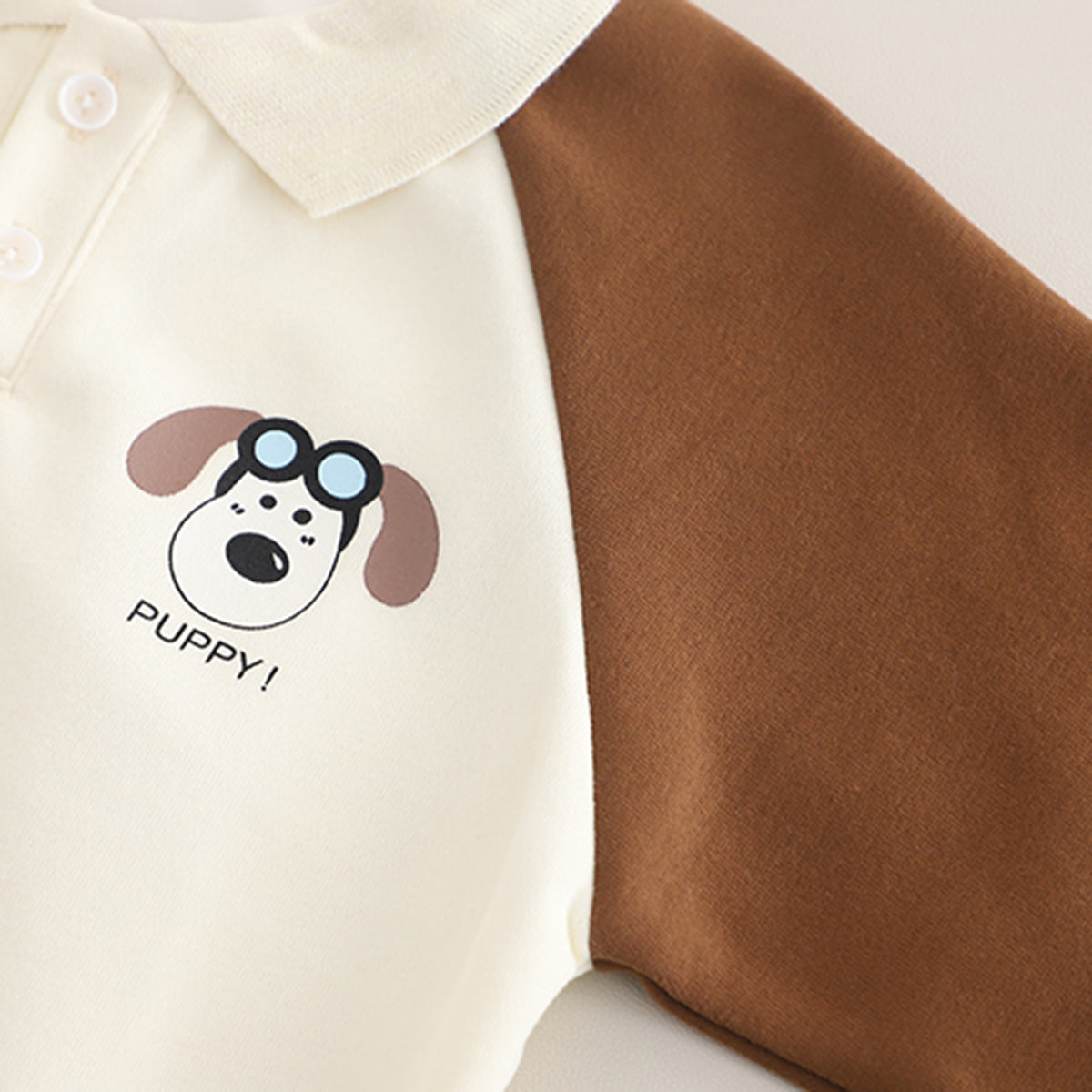 Boys Brown Puppy Cartoon Printed Winter Polo Sweatshirt With Pants Set 2 pc. Sets