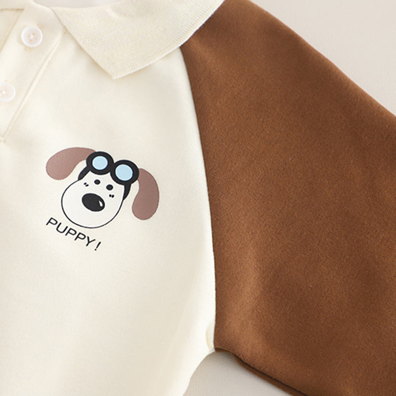 Boys Brown Puppy Cartoon Printed Winter Polo Sweatshirt With Pants Set 2 pc. Sets