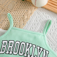 Girls Sea Green Typographic Printed Camisole Top With Tulle Top And Shorts Set 3 pc. Sets