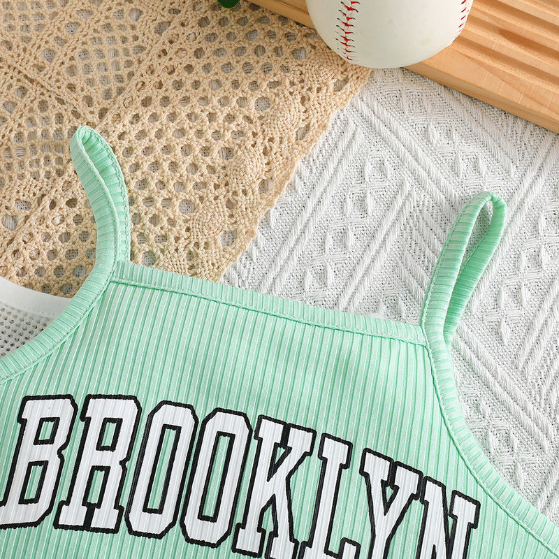 Girls Sea Green Typographic Printed Camisole Top With Tulle Top And Shorts Set 3 pc. Sets