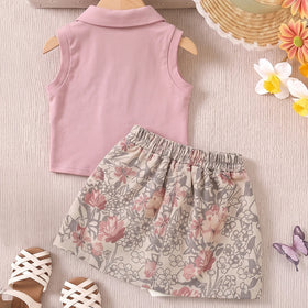 Girls Pink Sleeveless Polo Top With Floral Print Skirt Sets 2 pc. Sets Pink 1-2 Y