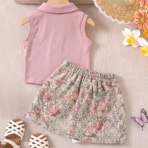Girls Pink Sleeveless Polo Top With Floral Print Skirt Sets 2 pc. Sets Pink 1-2 Y