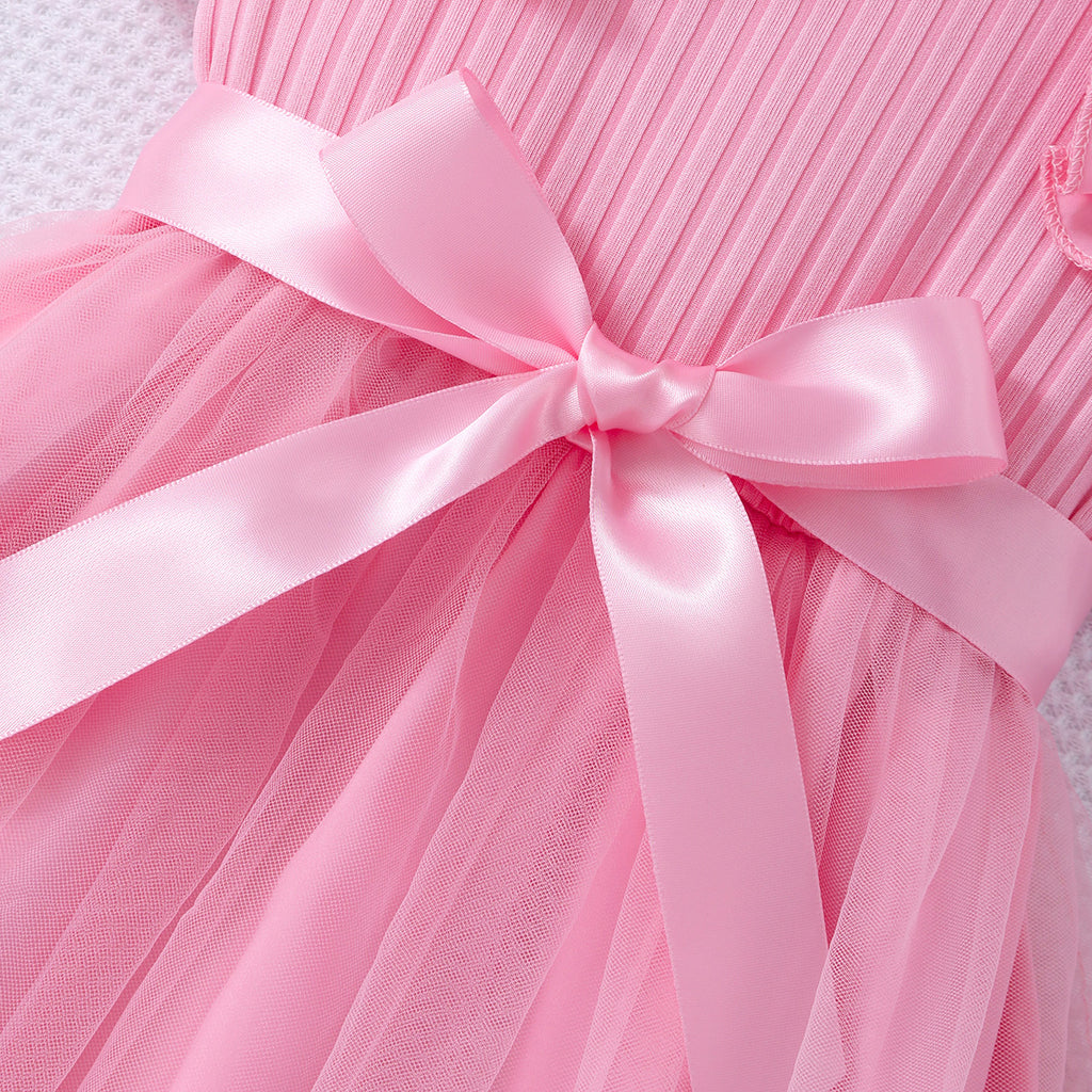Girls Light Pink Flutter Sleeves Fit And Flared Dress Casual Dresses