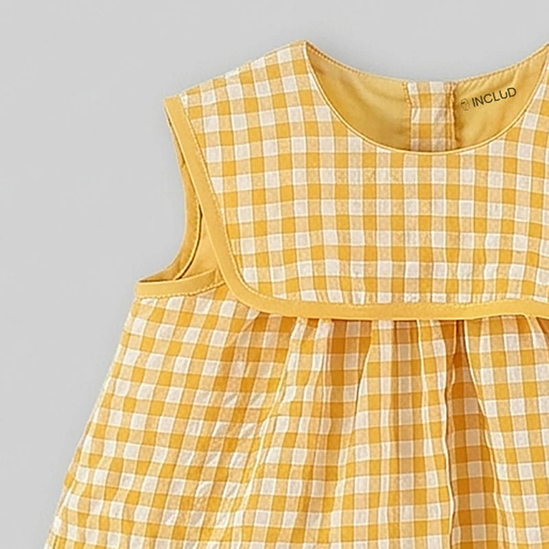 Girls Yellow Checked Duck Applique Fit & Flare Dress Casual Dresses