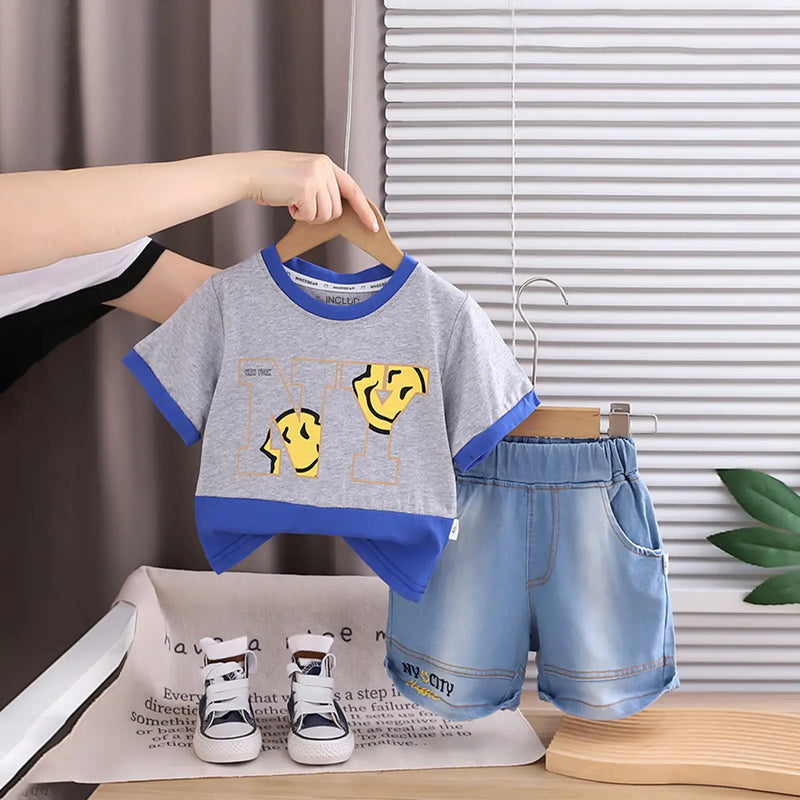 Boys Light Grey Graphic Printed Short Sleeve T-Shirt With Denim Shorts Sets 2 pc. Sets Light Grey 1-2 Y