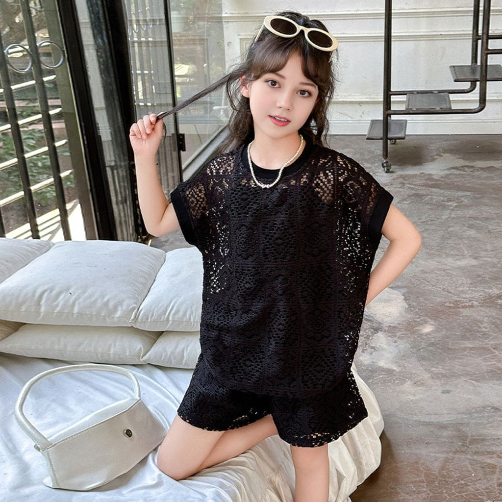 Girls Crochet Top With Camisole & Shorts Set