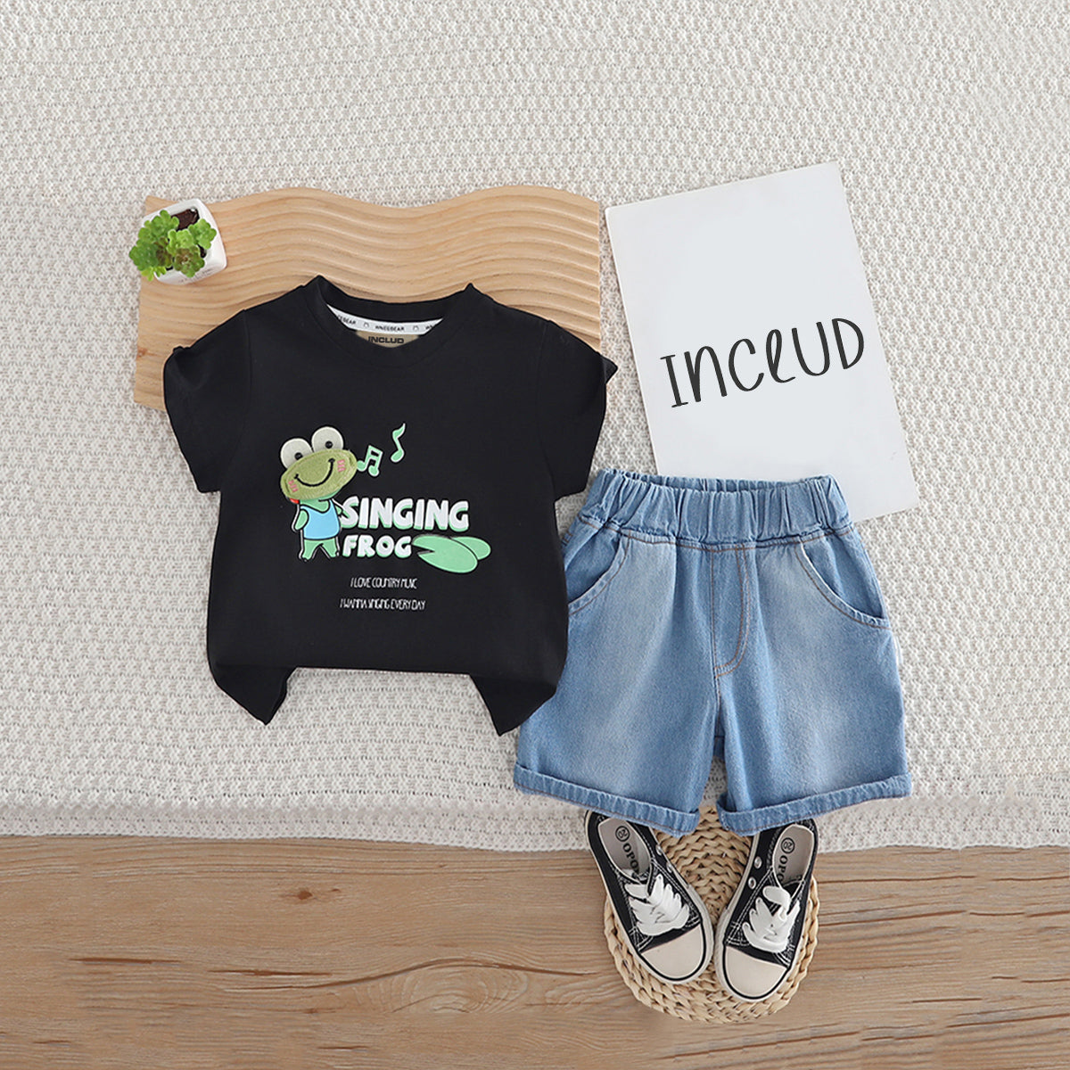 Boys Black Frog Graphic Short Sleeves T-Shirt With Denim Shorts Set 2 pc. Sets