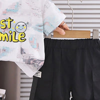 Boys Teal Blue Smiley Printed Short Sleeve T-Shirt With Elasticated Shorts Sets 2 pc. Sets
